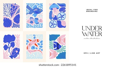 Mundo submarino, océano, mar, peces y conchas plantilla de afiches. Moderna moda Matisse minimalista. Diseño dibujado a mano para papel pintado, decoración de pared, impresión, postal, cubierta, plantilla, banner.