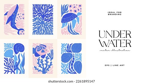 Mundo submarino, océano, mar, peces y conchas plantilla de afiches. Moderna moda Matisse minimalista. Diseño dibujado a mano para papel pintado, decoración de pared, impresión, postal, cubierta, plantilla, banner.