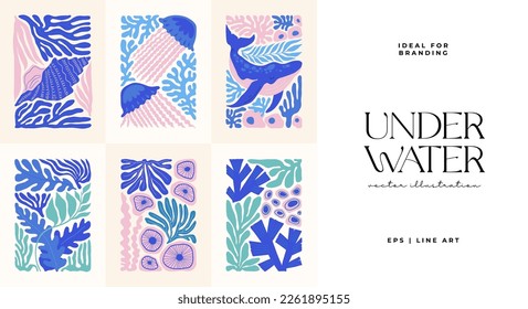 Mundo submarino, océano, mar, peces y conchas plantilla de afiches. Moderna moda Matisse minimalista. Diseño dibujado a mano para papel pintado, decoración de pared, impresión, postal, cubierta, plantilla, banner.