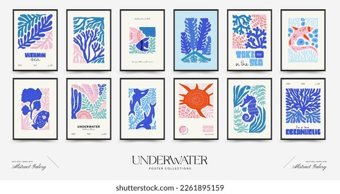 Unterwasserwelt, Ozean, Meer, Fisch und Muscheln Plakatvorlage. Moderner Stil Matisse minimalistisch. Handgezeichnetes Design für Tapete, Tapete, Druck, Postkarte, Deckel, Vorlage, Banner.