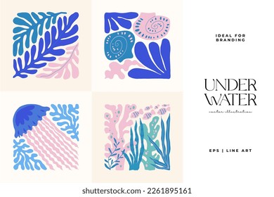 Mundo submarino, océano, mar, peces y conchas plantilla de afiches. Moderna moda Matisse minimalista. Diseño dibujado a mano para papel pintado, decoración de pared, impresión, postal, cubierta, plantilla, banner.