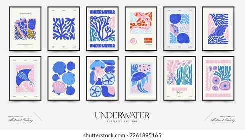 Underwater world, ocean, sea, fish and shells poster template. Modern trendy Matisse minimal style. Hand drawn design for wallpaper, wall decor, print, postcard, cover, template, banner.