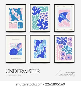 Mundo submarino, océano, mar, peces y conchas plantilla de afiches. Moderna moda Matisse minimalista. Diseño dibujado a mano para papel pintado, decoración de pared, impresión, postal, cubierta, plantilla, banner.