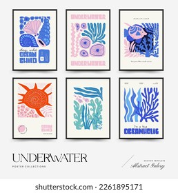 Underwater world, ocean, sea, fish and shells poster template. Modern trendy Matisse minimal style. Hand drawn design for wallpaper, wall decor, print, postcard, cover, template, banner.