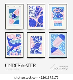 Underwater world, ocean, sea, fish and shells poster template. Modern trendy Matisse minimal style. Hand drawn design for wallpaper, wall decor, print, postcard, cover, template, banner.