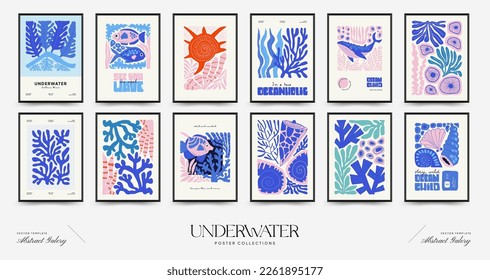 Unterwasserwelt, Ozean, Meer, Fisch und Muscheln Plakatvorlage. Moderner Stil Matisse minimalistisch. Handgezeichnetes Design für Tapete, Tapete, Druck, Postkarte, Deckel, Vorlage, Banner.