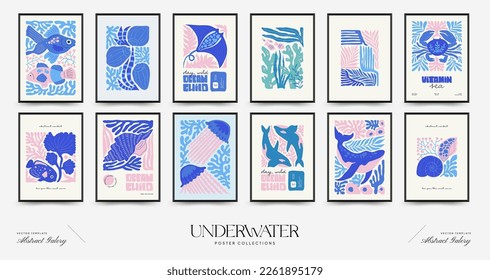 Underwater world, ocean, sea, fish and shells poster template. Modern trendy Matisse minimal style. Hand drawn design for wallpaper, wall decor, print, postcard, cover, template, banner.