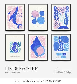 Underwater world, ocean, sea, fish and shells poster template. Modern trendy Matisse minimal style. Hand drawn design for wallpaper, wall decor, print, postcard, cover, template, banner.