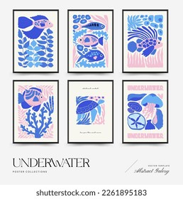 Underwater world, ocean, sea, fish and shells poster template. Modern trendy Matisse minimal style. Hand drawn design for wallpaper, wall decor, print, postcard, cover, template, banner.