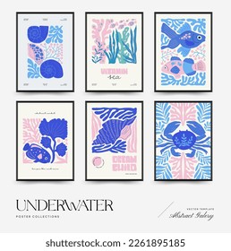 Underwater world, ocean, sea, fish and shells poster template. Modern trendy Matisse minimal style. Hand drawn design for wallpaper, wall decor, print, postcard, cover, template, banner.