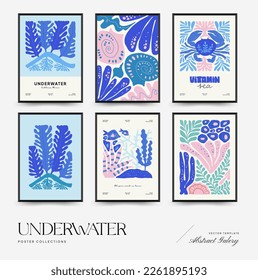 Underwater world, ocean, sea, fish and shells poster template. Modern trendy Matisse minimal style. Hand drawn design for wallpaper, wall decor, print, postcard, cover, template, banner.