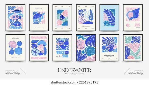 Underwater world, ocean, sea, fish and shells poster template. Modern trendy Matisse minimal style. Hand drawn design for wallpaper, wall decor, print, postcard, cover, template, banner.