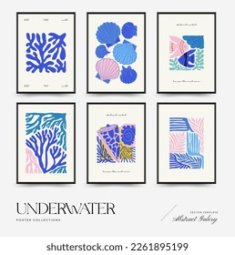 Underwater world, ocean, sea, fish and shells poster template. Modern trendy Matisse minimal style. Hand drawn design for wallpaper, wall decor, print, postcard, cover, template, banner.