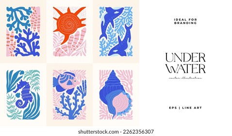 Underwater world, ocean, sea, fish and shells poster template. Modern trendy Matisse minimal style. Hand drawn design for wallpaper, wall decor, print, postcard, cover, template, banner.