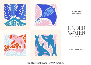 Underwater world, ocean, sea, fish and shells poster template. Modern trendy Matisse minimal style. Hand drawn design for wallpaper, wall decor, print, postcard, cover, template, banner.