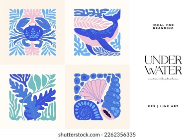 Mundo submarino, océano, mar, peces y conchas plantilla de afiches. Moderna moda Matisse minimalista. Diseño dibujado a mano para papel pintado, decoración de pared, impresión, postal, cubierta, plantilla, banner.