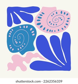 Underwater world, ocean, sea, fish and shells poster template. Modern trendy Matisse minimal style. Hand drawn design for wallpaper, wall decor, print, postcard, cover, template, banner.