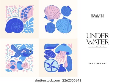 Underwater world, ocean, sea, fish and shells poster template. Modern trendy Matisse minimal style. Hand drawn design for wallpaper, wall decor, print, postcard, cover, template, banner.