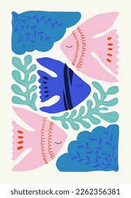 Underwater world, ocean, sea, fish and shells poster template. Modern trendy Matisse minimal style. Hand drawn design for wallpaper, wall decor, print, postcard, cover, template, banner.