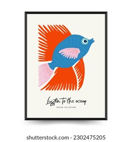 Underwater world, ocean, sea, fish and shells vertical flyer or poster template. Modern trendy Matisse minimal style. Hand drawn design for wallpaper, postcard, cover, template, banner.