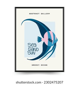 Underwater world, ocean, sea, fish and shells vertical flyer or poster template. Modern trendy Matisse minimal style. Hand drawn design for wallpaper, postcard, cover, template, banner.