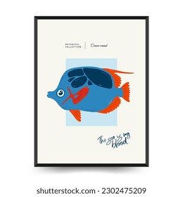 Mundo submarino, océano, mar, peces y conchas plancha de volante vertical o afiche. Moderna moda Matisse minimalista. Diseño dibujado a mano para papel pintado, postal, portada, plantilla, banner.