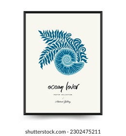 Mundo submarino, océano, mar, peces y conchas plancha de volante vertical o afiche. Moderna moda Matisse minimalista. Diseño dibujado a mano para papel pintado, postal, portada, plantilla, banner.