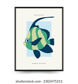 Underwater world, ocean, sea, fish and shells vertical flyer or poster template. Modern trendy Matisse minimal style. Hand drawn design for wallpaper, postcard, cover, template, banner.