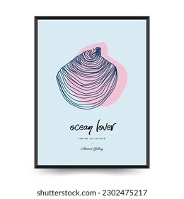 Underwater world, ocean, sea, fish and shells vertical flyer or poster template. Modern trendy Matisse minimal style. Hand drawn design for wallpaper, postcard, cover, template, banner.