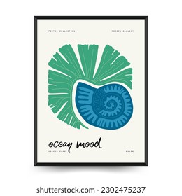 Underwater world, ocean, sea, fish and shells vertical flyer or poster template. Modern trendy Matisse minimal style. Hand drawn design for wallpaper, postcard, cover, template, banner.
