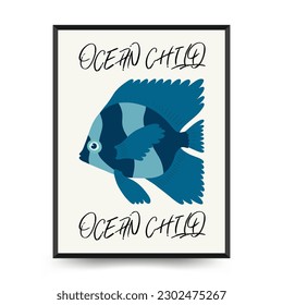 Underwater world, ocean, sea, fish and shells vertical flyer or poster template. Modern trendy Matisse minimal style. Hand drawn design for wallpaper, postcard, cover, template, banner.