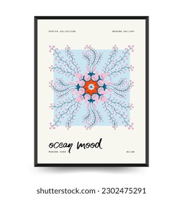 Underwater world, ocean, sea, fish and shells vertical flyer or poster template. Modern trendy Matisse minimal style. Hand drawn design for wallpaper, postcard, cover, template, banner.