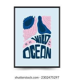 Underwater world, ocean, sea, fish and shells vertical flyer or poster template. Modern trendy Matisse minimal style. Hand drawn design for wallpaper, postcard, cover, template, banner.