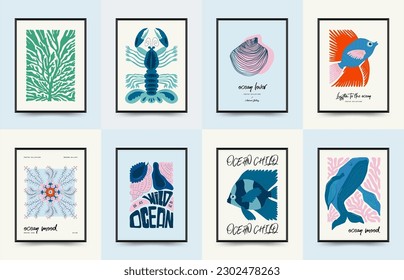 Underwater world, ocean, sea, fish and shells vertical flyer or poster template. Modern trendy Matisse minimal style. Hand drawn design for wallpaper, wall art, print