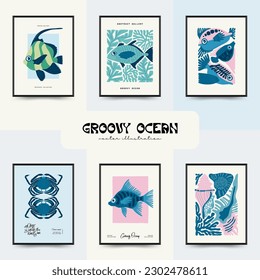 Underwater world, ocean, sea, fish and shells vertical flyer or poster template. Modern trendy Matisse minimal style. Hand drawn design for wallpaper, wall art, print