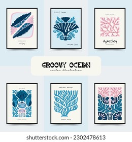 Underwater world, ocean, sea, fish and shells vertical flyer or poster template. Modern trendy Matisse minimal style. Hand drawn design for wallpaper, wall art, print