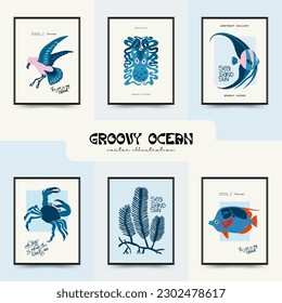 Underwater world, ocean, sea, fish and shells vertical flyer or poster template. Modern trendy Matisse minimal style. Hand drawn design for wallpaper, wall art, print