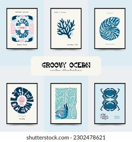 Underwater world, ocean, sea, fish and shells vertical flyer or poster template. Modern trendy Matisse minimal style. Hand drawn design for wallpaper, wall art, print