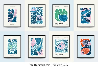 Underwater world, ocean, sea, fish and shells vertical flyer or poster template. Modern trendy Matisse minimal style. Hand drawn design for wallpaper, wall art, print