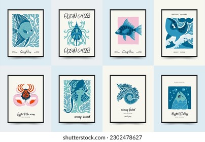 Underwater world, ocean, sea, fish and shells vertical flyer or poster template. Modern trendy Matisse minimal style. Hand drawn design for wallpaper, wall art, print