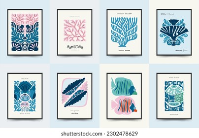 Underwater world, ocean, sea, fish and shells vertical flyer or poster template. Modern trendy Matisse minimal style. Hand drawn design for wallpaper, wall art, print