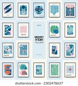 Underwater world, ocean, sea, fish and shells vertical flyer or poster template. Modern trendy Matisse minimal style. Hand drawn design for wallpaper, wall art, print