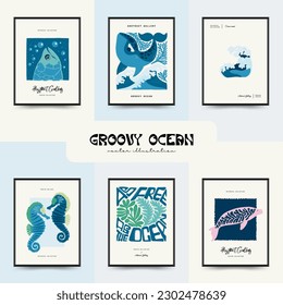 Underwater world, ocean, sea, fish and shells vertical flyer or poster template. Modern trendy Matisse minimal style. Hand drawn design for wallpaper, wall art, print