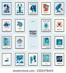 Underwater world, ocean, sea, fish and shells vertical flyer or poster template. Modern trendy Matisse minimal style. Hand drawn design for wallpaper, wall art, print