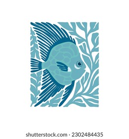 Underwater world, ocean, sea, fish and shells vertical flyer or poster template. Modern trendy Matisse minimal style.
