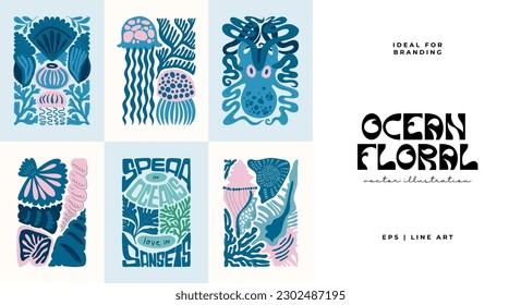 Underwater world, ocean, sea, fish and shells vertical flyer or poster template. Modern trendy Matisse minimal style.