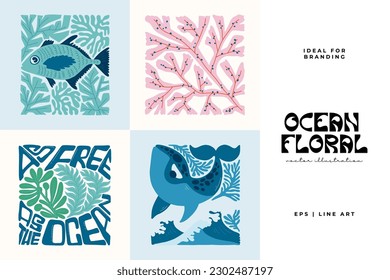 Underwater world, ocean, sea, fish and shells vertical flyer or poster template. Modern trendy Matisse minimal style.