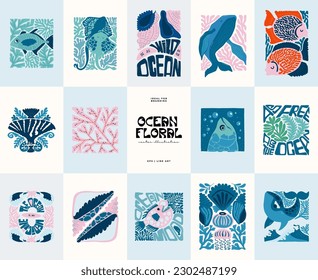 Underwater world, ocean, sea, fish and shells vertical flyer or poster template. Modern trendy Matisse minimal style.