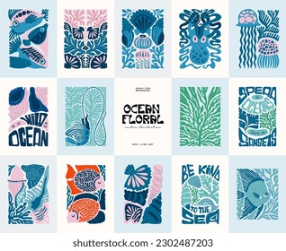 Underwater world, ocean, sea, fish and shells vertical flyer or poster template. Modern trendy Matisse minimal style.