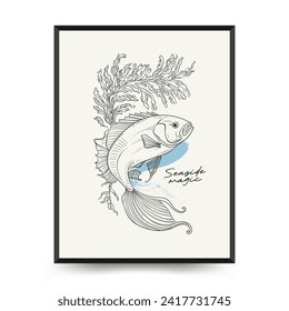 Underwater world, ocean, sea, fish and shells vertical flyer or poster template. Modern trendy Matisse minimal style. Hand drawn design for wall decor, print, postcard, cover, template, ban